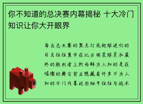 你不知道的总决赛内幕揭秘 十大冷门知识让你大开眼界