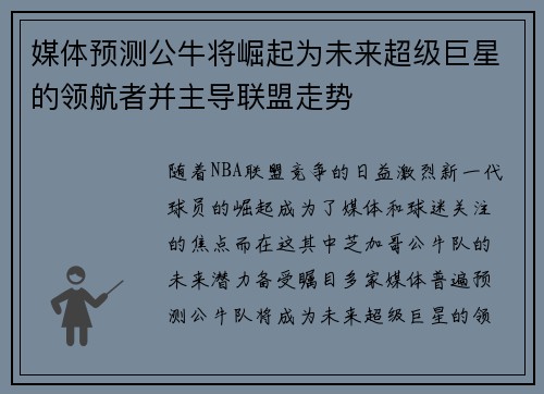 媒体预测公牛将崛起为未来超级巨星的领航者并主导联盟走势